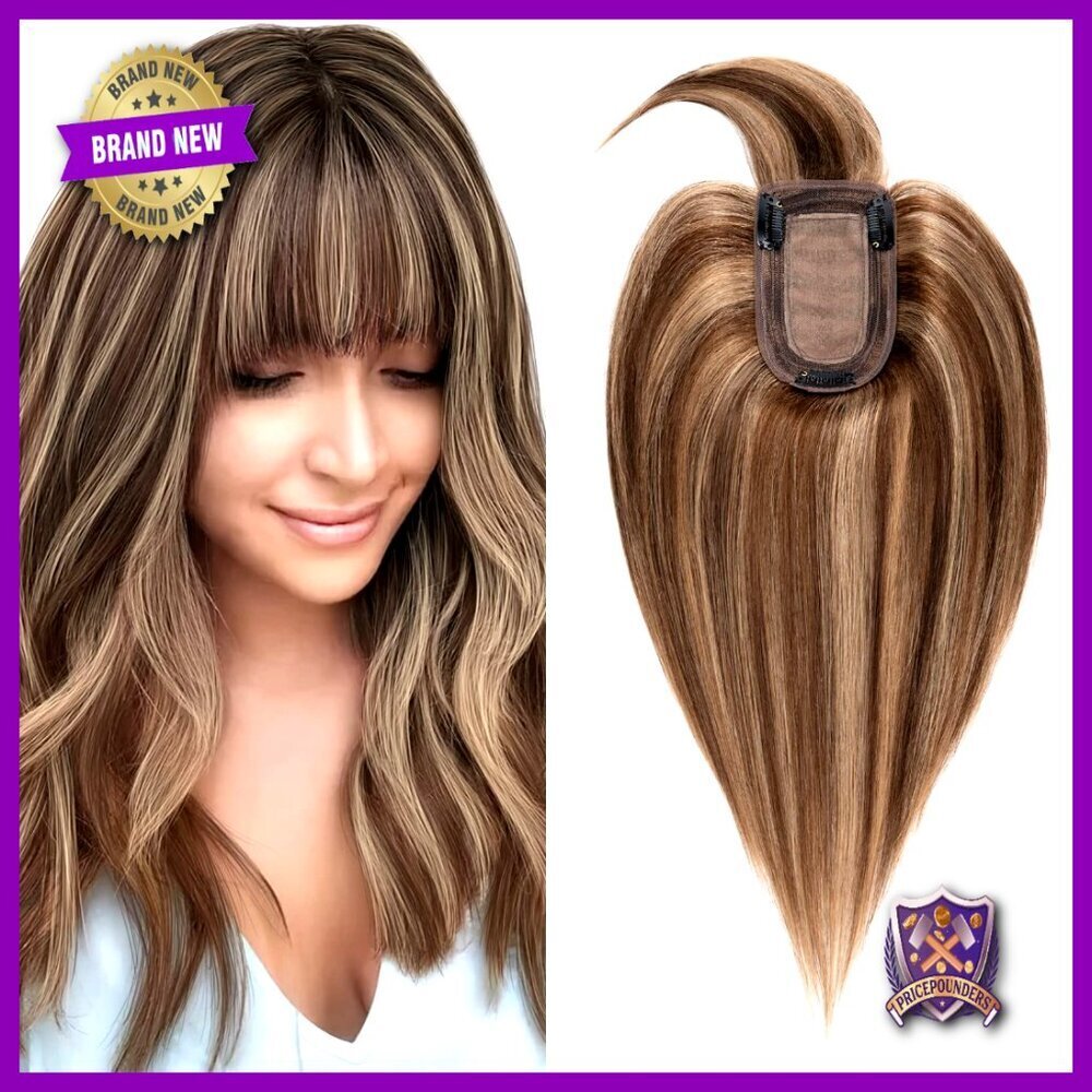 Human Hair Topper with Bangs Straight Clip-In Hairpiece for Thinning Hair